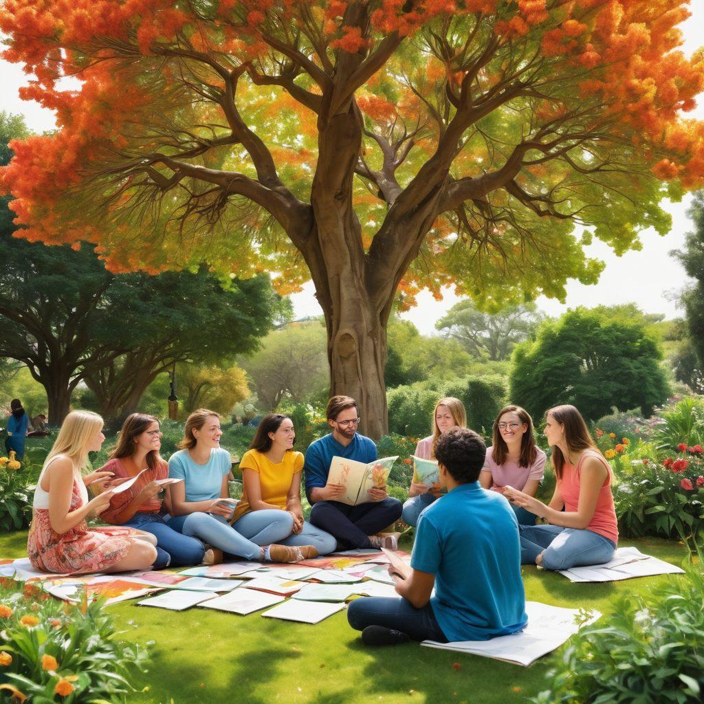 A diverse group of people engaged in a lively discussion under a large tree, surrounded by colorful art pieces symbolizing creative expression. Include elements like sketchbooks, paintbrushes, and chat bubbles to illustrate conversation. The background should be a vibrant park setting to evoke a sense of community engagement. super-realistic. vibrant colors. white background.