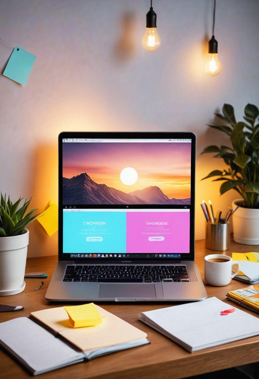 A cozy, inviting digital atmosphere featuring a glowing laptop surrounded by vibrant notebooks, colorful sticky notes, and a cup of coffee. In the background, illustrated icons representing online community trends and life tips, such as social media logos, thumbs up, and lightbulbs. Warm lighting that evokes a sense of belonging and creativity. super-realistic. vibrant colors. soft focus.